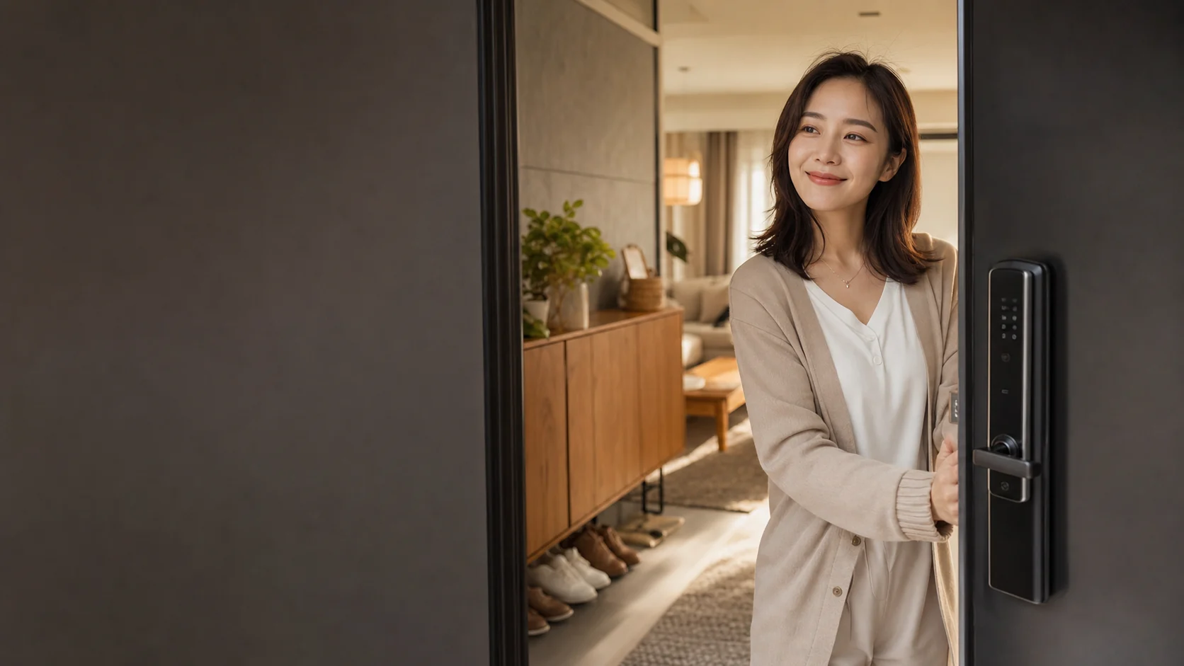 女主人安心返家，使用電子鎖開啟溫馨家門